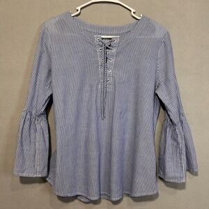 St Johns Bay Womens Blue White Striped Bell Sleeve‎ Lace Up Blouse Size Small